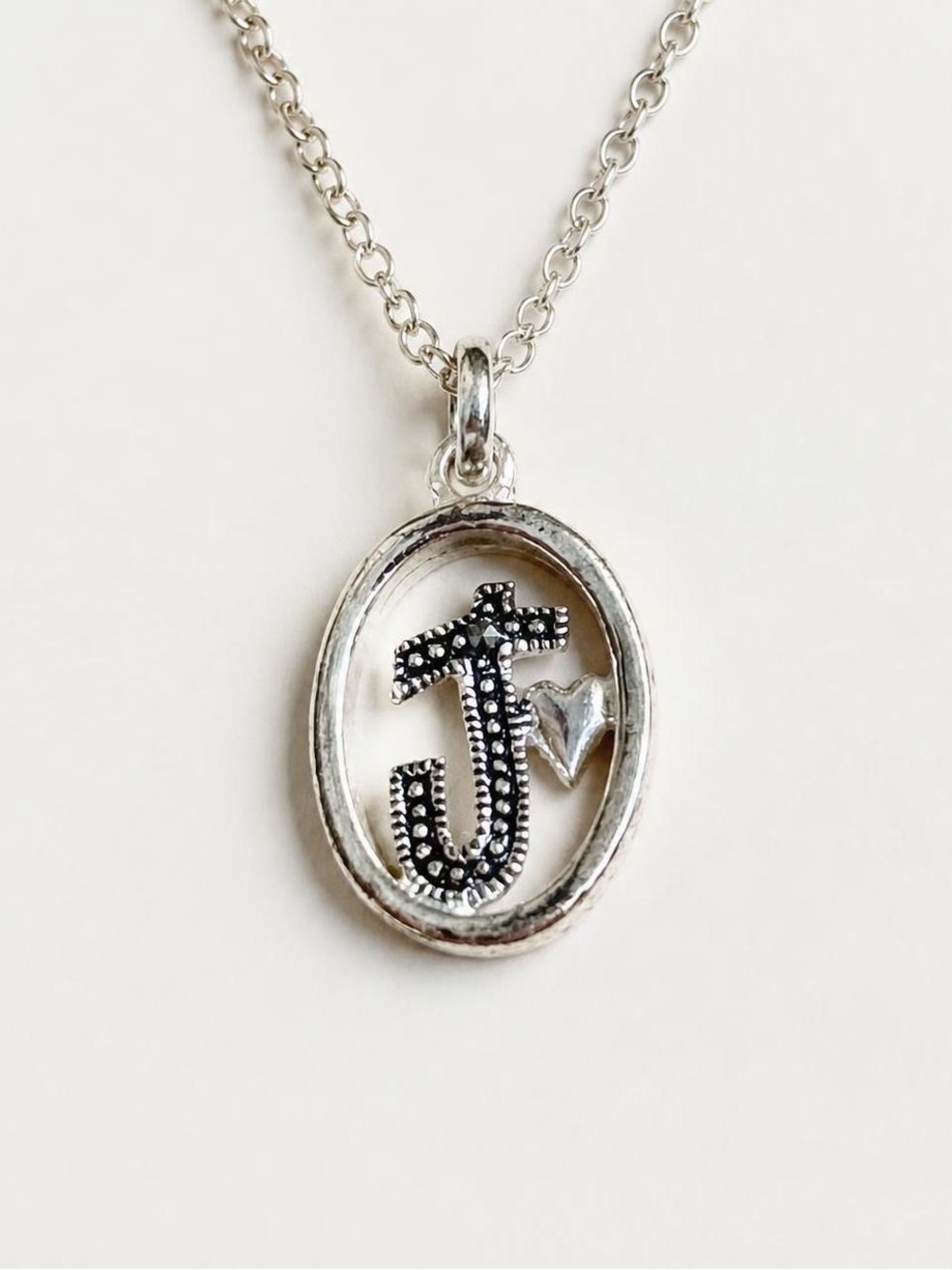 Silver 'J' Initial Pendant with Heart Accent